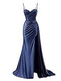 POMUYOO Satin Spaghetti Strap Prom Dresses with Split Satin Mermaid Lace Appliques Long Formal Evening Gown Navy Blue Size 4