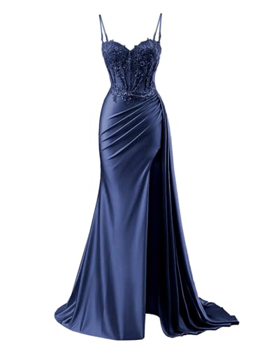 POMUYOO Spaghetti Strap Satin Prom Dresses with Sllit Lace Appliques Long Mermaid Evening Gown4