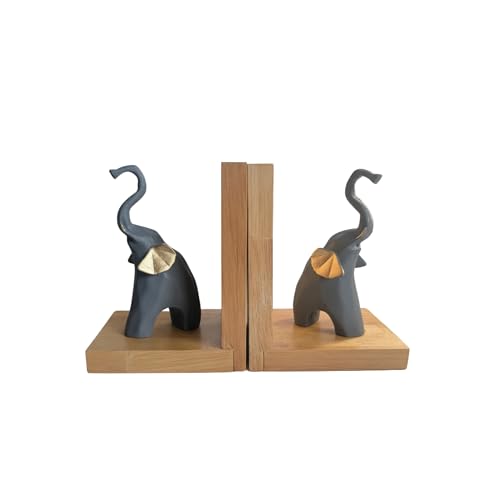 Image of eCraftIndia Wooden Book End and Set of 2 Cute Elephant Statues Animal Figurines Decorative Showpieces for Home Decor in Living Room Office