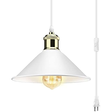 LYOOWNG Plug in Pendant Light, Industrial Hanging Light with Plug in Cord On/Off Switch, Modern Pendant Light with Plug in Cord, Farmhouse Pendant Light Fixture, White Cover