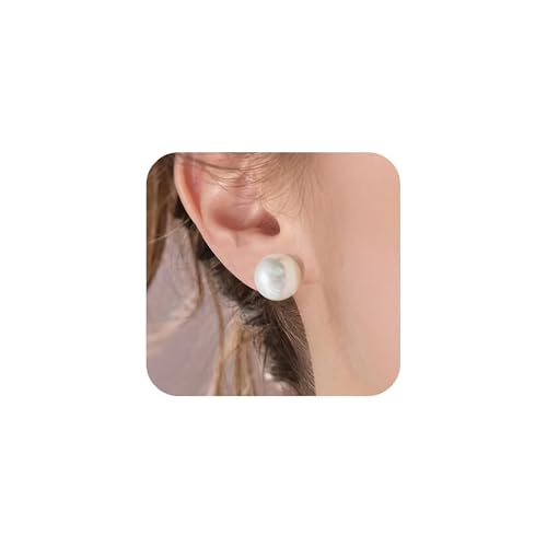 Trendy Big Simulated Pearl Earrings for Women, 925 Sterling Silver Post 14/12MM Oversized Large Pearl Studs Bride Bridesmaid Wedding Earrings Jewelry Gifts (White, 14MM)