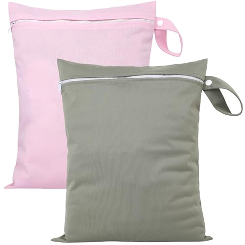 ZephyrCraft 2 Stück Wasserdichter Wet bag 40x30 cm, Wiederverwendbare Wäschebeutel für Reise & Waschmaschine mit Reißverschluss, Wäschesack für Badeanzüge, Sportkleidung, Windeln(Grau/Rosa)