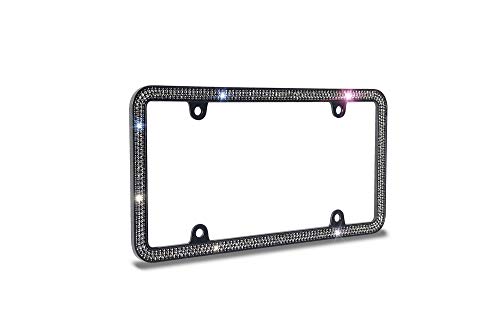 Jr2 3 Row 710+ Premium Sparking Rhinestone Metal License Plate Frame+4 Matching Screw Cap+4 Screws (Black-Black Frame) #TOP2
