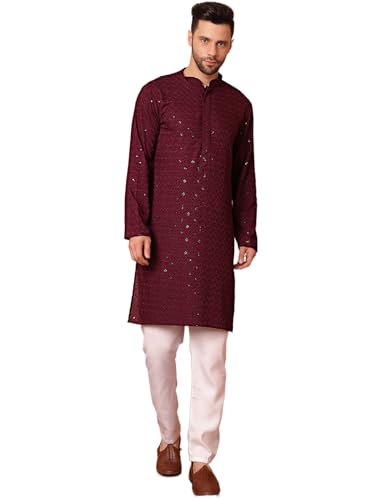 Image of Jompers Men's Purple Embroidered and Sequence Kurta with Pyjama (Purple, S)