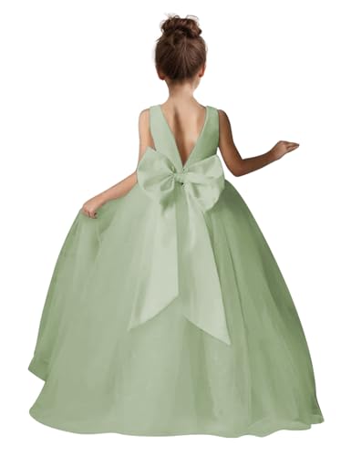 Flower Girls Dress for Wedding Satin Tulle Pageant Formal Communion Dress Pearls Prom Ball Gown with Bow-Knot