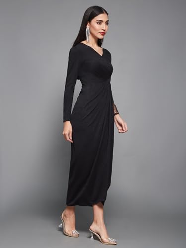 Image of Miss Chase Women's Round Neck Sleeve Embellished Fit Flare Maxi Dress