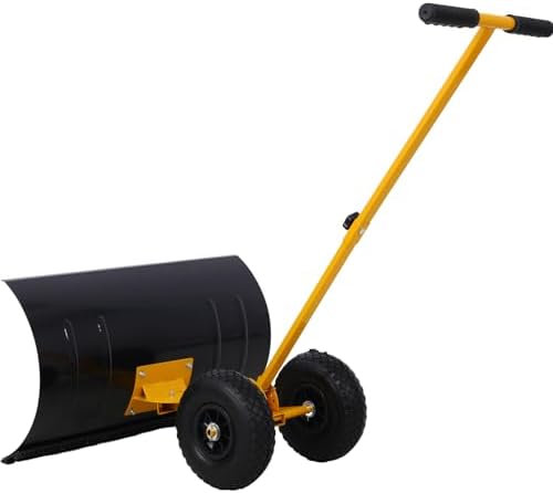 Classic Snow Shovel with Wheels, Cushioned Adjustable Angle Handle Snow Removal Tool, Snow Pusher for Quick Snow Removal (Yellow)