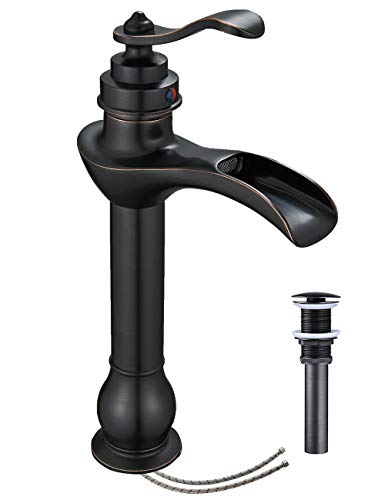 Vessel Sink Faucet Oil Rubbed Bronze with Drain Assembly and Supply Hose for Bowl Sink Lead-Free Single-Handle Single Hole Bathroom Faucet Waterfall Lavatory Mixer Tap Tall Body by Homevacious