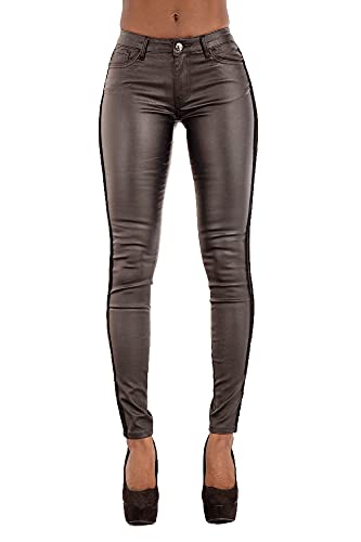 Glook Womens Leather Look Trousers Ladies Mid Waist Wet Look Leggings Slim Fit Jeans, Riscas laterais, S