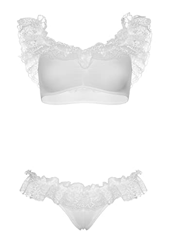 Image of Leg Avenue womens 2 Pc Lace Ruffle Off The Shoulder Set with Point D'Esprit Crop Top, Thong Panty