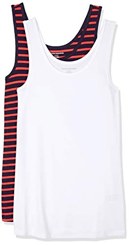 Amazon Essentials Damen Tanktop, Schmale Passform, 2er-Pack, Schwarz Korallenrot Orange Streifen/Weiß, S