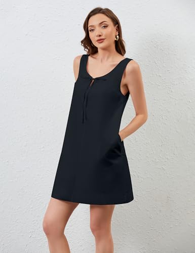 Image of OLAPTA Women Sleeveless Summer Mini Tank Dress Tie Up Loose Fit Sundress Scoop Neck Casual Trendy Short Dresses with Pockets