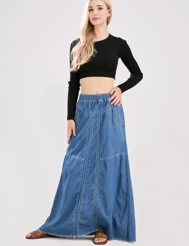 ebossy Women's Casual Elastic Waist Frayed Hem A-Line Distressed Hippie Long Maxi Denim Skirt (Medium, Blue)
