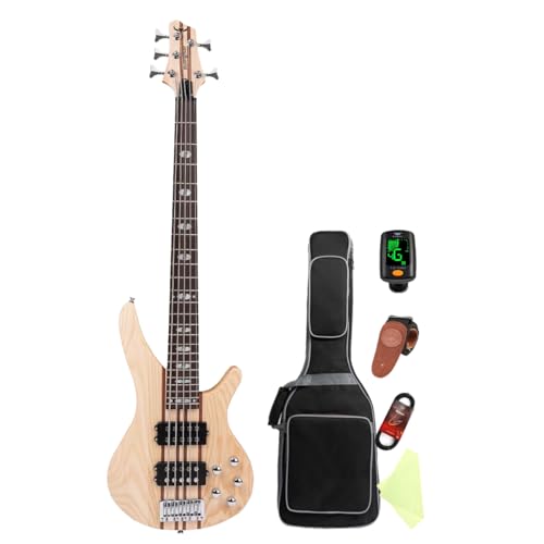 Bullfighter Elem Electric Bass Guitar Through Body 5 Strings Full Size P Bass Beginner Kit Black for Starter with Gig Bag, Guitar Strap, and Bass Guitar Cable DB Series (Wood)
