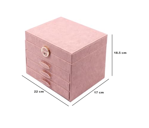 Image of BucketList Luxury PU Leather Jewellery Organizer Box with Mirror & Lock | 3 Drawer Jewelry Storage Case with Ring Rolls & Compartments (4 Drawers Jewelry Box with Mirror (Pink))