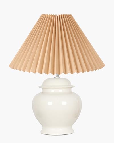 Image of Homesake White Ceramic Table Lamp for Bedroom Living Room,Incandescent,Modern Bedside Lamps Light,Nightstand for Home Office,Minimalist Nordic Style Accent Lighting Decor, (Jute Pleated Shade)