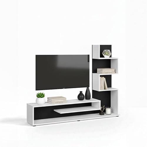 duehome | Mobile da soggiorno, composizione modulare TV, modello Moobi 160, finitura in bianco e nero, dimensioni: 160 cm (lunghezza) x 29 cm (profondità) x 124 cm (altezza)