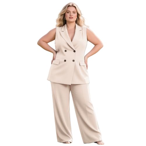 Plus Size Womens Vest and Wide Pants 2 Pcs Outfits Set Summer Sleeveless Blazer Business Wedding Work