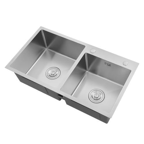 Fregadero de cocina de acero inoxidable, fregadero doble, fregadero empotrado, 78x43x21 cm, 2 cubetas, con drenaje en forma de X, instalación inferior/superior, con silenciador, incluye cesto de