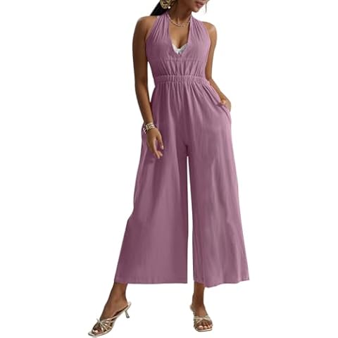 CHERFLY Jumpsuits for Women 2024 Summer Sleeveless Loose Overalls V-Neck Halter Backless Wide Leg with Pockets One Piece Outfits(Grape Purple,M) Cover