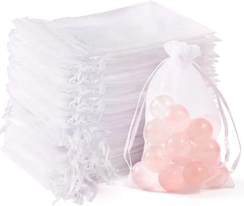 VOOSFSIE Sacs Organza Blancs 10x15cm - 50 Pièces Pochette Cadeau Transparente avec Cordon de Serrage - Pochette à Bijoux, Bonbons, Dragées pour Mariage,...