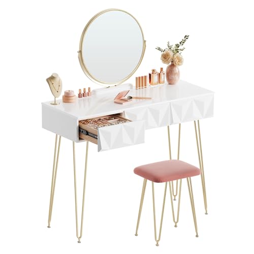 EUGAD Tocador con Espejo, Mesa Tocador con Taburete Giratorio 360°, Mesa de Maquillaje con 3 Cajones, Madera+Metal, Blanco+Dorado, 0016SZT