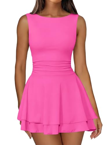 Image of IWD Women's Boat Neck Sleeveless Mini Dress Ruched Waist Flowy Tiered Ruffle Hem A Line Party Short Dresses