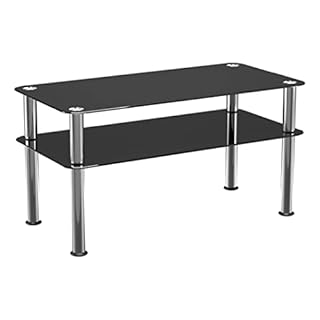 mahara Black Glass Coffee Table - Slimline side table with shelf polished stainless steel legs - Small table W80cm x D40cm x H41.5cm