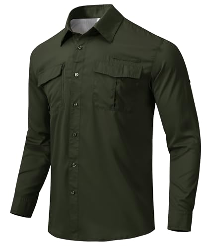 MoFiz Camisa Deportiva de Manga Larga para Hombre Camisa Ligera de Pesca Senderismo Protección UV para Exteriores Funcional Camisa Transpirable de Secado Rápido Verde Oliva EU XL