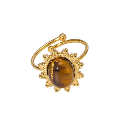 Pneswzy Turquoise Ring, Gold Adjustable Sun Ring for Chunky Jewelry, Vintage Statement Jewelry for Women (Tiger Eye)