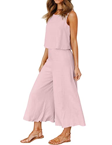 Roylamp Women's Summer Two Piece Outfits Round Neck Crop Basic Top Cropped Wide Leg Pants Set Jumpsuits Pink Purple S #TOP2