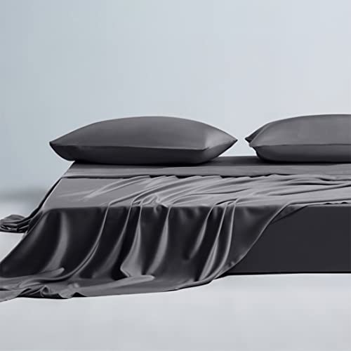 Ropulance Bedding 100% Silk Luxury Satin Sheets Set with Fitted Sheet 19 Inch Deep Pocket, 4 Pcs Sheet Set,and Pillowcases Set for Living Room(Dark Grey,King)