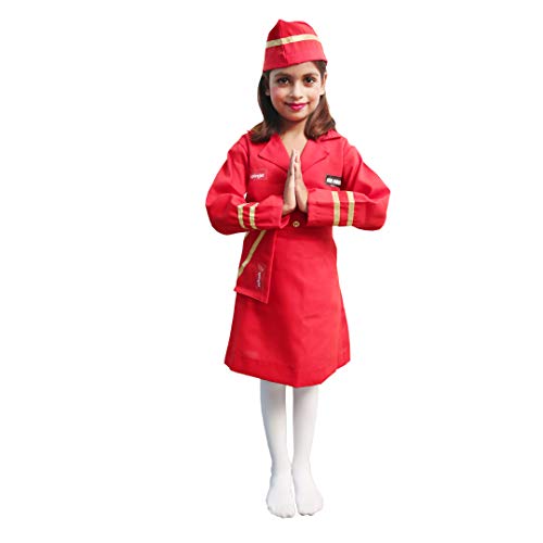 Image of ITSMYCOSTUME Air Hostess Dress Uniform Cap Officer Profession Community Helper Kids Fancy Dress Costume - Size 8-9 Years Green