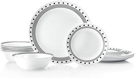 Corelle Vitrelle 18-Piece Service for 6 Dinnerware Set, Triple Layer Glass and Chip Resistant, Lightweight Round Plates and Bowls Set, City Block