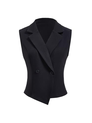 Women's Double Breasted Wrap Sleeveless Blazer Notched Lapel Collar Work Office Vest Jacket