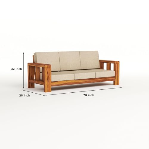 Image of Solid Sheesham Wooden 5 Seater Sofa Set for Living Room with Comfortable Cushion - Wooden Sofa Set 5 Seater for Home & Office Furniture (Honey, Haney 5 Seater 3+1+1)