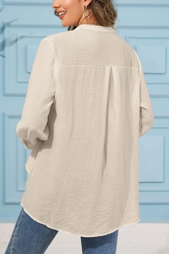 Summer V-Neck Linen Shirts for Women 3/4 Sleeve, Womens Flowy Cotton Linen Blouses Tops with Long Hem4