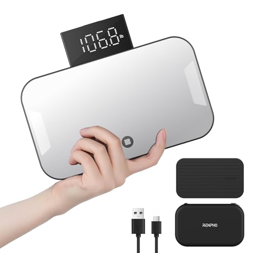 RENPHO Portable Rechargeable Scale for Body Weight, Travel Weight Scale with Travel Makeup Mirror, Slide-Out LED Display, Digital High Accurate Scale for Traveling, 400lbs, Core Go, 8.98