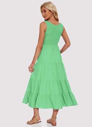 Image of Women's Summer Smocked Maxi Dresses Sleeveless U Neck Ruffle Hem Tiered A Line Flowy Dress