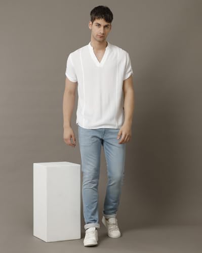 Image of Identiti MenSlim Fit Half Sleeve Solid Smart V Placket Casual Shirts