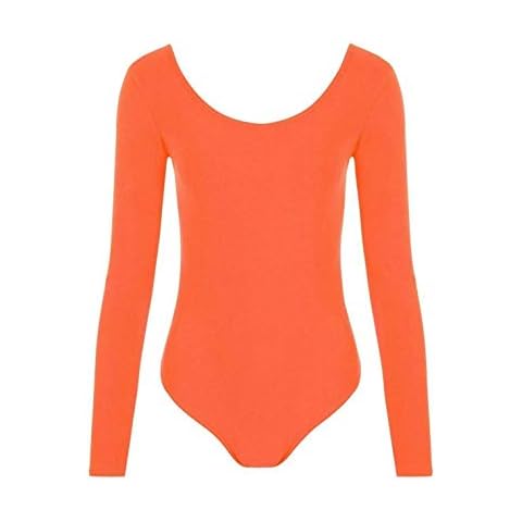 Islander Fashions Kids Girls Gymnastics Dance Leotard Top Children Long Sleeve Round Neck Bodysuit Neon Orange 11-12 Years Cover