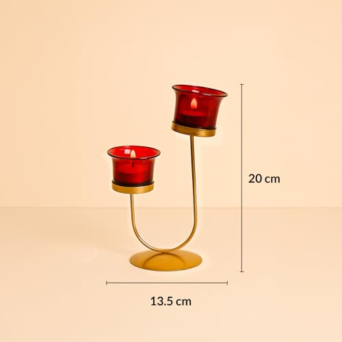 Image of MARKET 99 Metal+Glass 2 Votive T- Light Holder U Shape | for Diwali, Christmas, Birthday, and Wedding | Decorative Candle Holder for Home Decor & Festive Season | Golden & Red