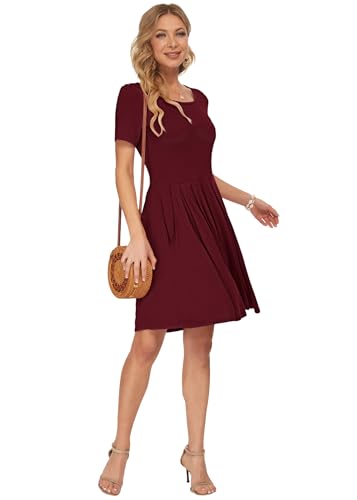 AUSELILY Wein Rot Kleider Damen Sommerkleid A Linie Kleid Casual Freizeitkleid Kurzarm Lose Fit M 4