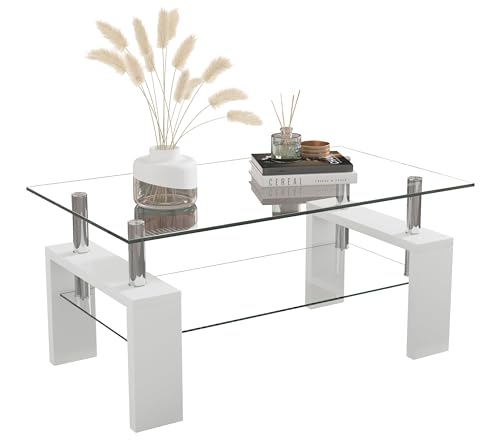 GOLDFAN Glass Coffee Table with Storage Shelves, 2-Tier White High Gloss Table with Wood Legs for...
