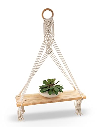 Macrame Wall Hanging Shelf, Bohemian Indoor Wall Décor, Wood Hanging Macrame Floating Shelf, Handmade Woven Twisted Cotton Rope Plant Hanger #TOP11