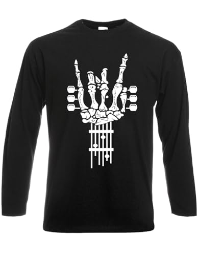 Image of Rock On Guitar Long Sleeve T-Shirt Music Metal Guitars Goth Punk Skeleton Skull (Black, L)