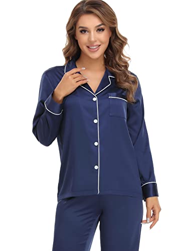Image of Serenedelicacy Women's Satin Pajama Set Long Sleeve Button Down Sleepwear 2-Piece Silky Pj Set