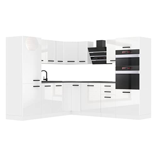 Belini Cuisine Équipée Complète Stacy L-Forme Avec Plan de Travail, Blanc Très Brillant