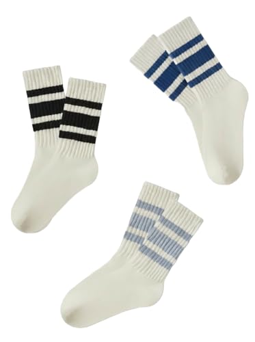 Image of 3 Pairs Women Striped Tube Socks Fun Novelty Cute Crew Socks Retro Sport Mid-Calf Socks for Women Grils