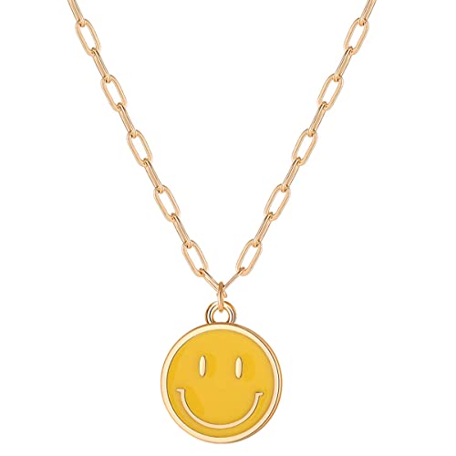 Godyce Smile Pendant Necklace For Women Girls Smiley Face Chain Necklace Paperclip Necklace Cute Round Pendant Necklace Preppy Jewelry cover